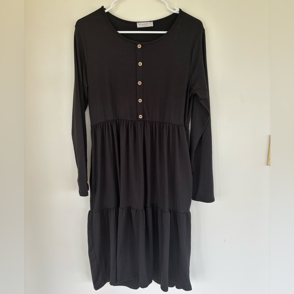 Perfect Peach Women's Black Tiered Ruffle Long Sleeve Dress w/‎ Pocket Sz Medium